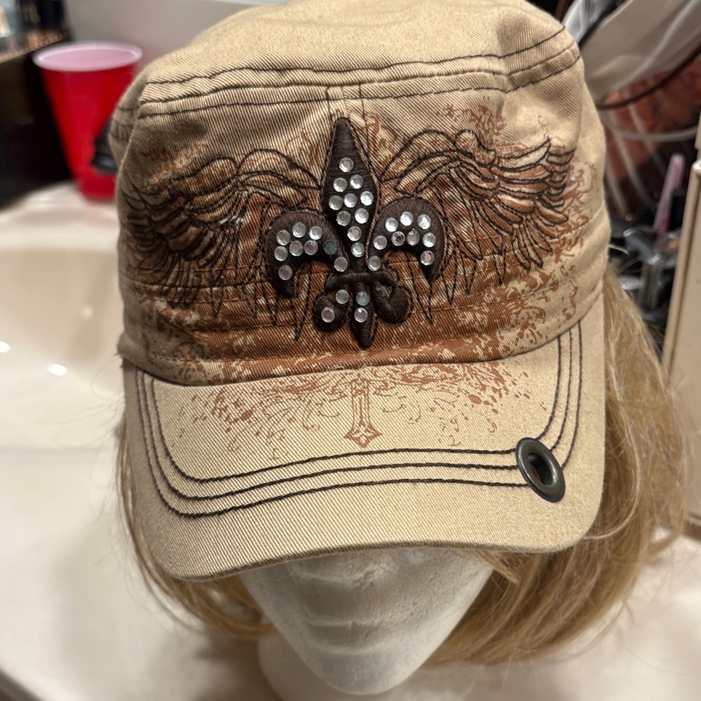 Stylish Tan Cap with Embellished Fleur-de-Lis